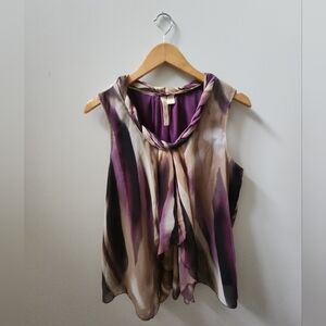 Adiva Abstract Watercolor Tie Neck Blouse XL Sheer Layered Career Top